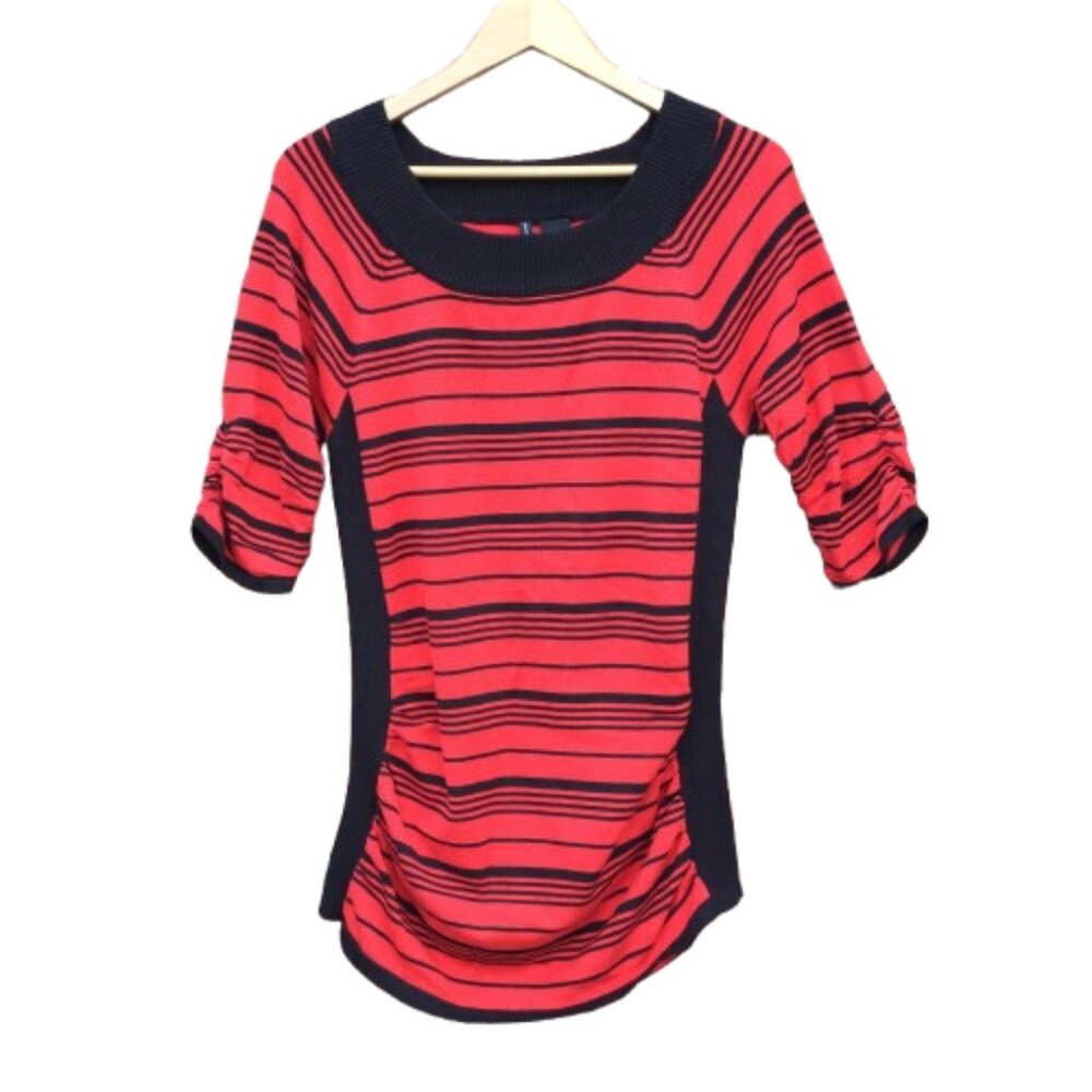 New Directions Knit Tunic Sweater XL Red Black Stripe Ruched Sides